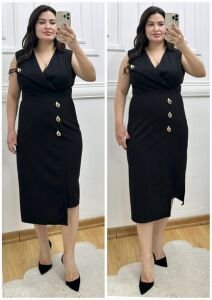 TR183-Damla gold broş detaylı kruvaze yaka elbise