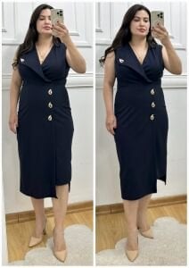 TR183-Damla gold broş detaylı kruvaze yaka elbise