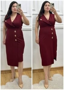 TR183-Damla gold broş detaylı kruvaze yaka elbise