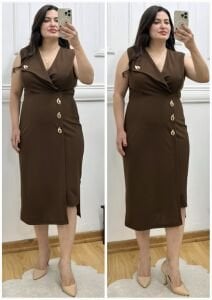 TR183-Damla gold broş detaylı kruvaze yaka elbise