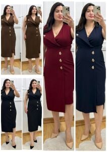 TR183-Damla gold broş detaylı kruvaze yaka elbise