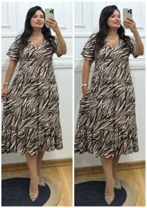 N070-Kiremit zebra desen V yaka elbise