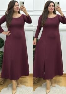 ZS121-Bordo madonna yaka oys yırtmaçlı elbise