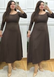 ZS122-Kahve madonna yaka oys yırtmaçlı elbise