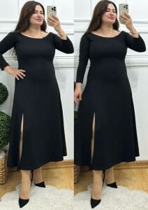 ZS123-Siyah madonna yaka oys yırtmaçlı elbise