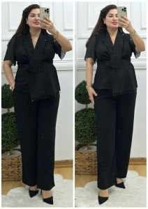 TR070-Siyah yarım kol saçaklı boncuk işlemeli ikili takım