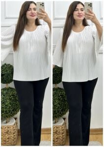 SF040-Beyaz pliseli yarasa kol tunik