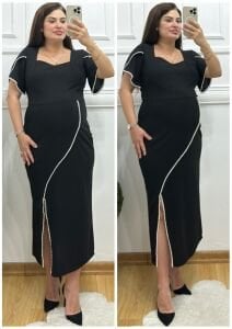 TR100-Siyah kare yaka beyaz biye inci işlemeli abiye