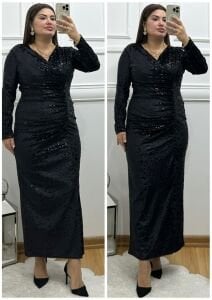 A022-Siyah kadife baskı detaylı yırtmaçlı elibse