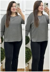 SF041-Siyah beyaz çizgi desen tunik