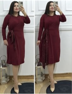 VL015-Bordo payet kuşaklı elbise
