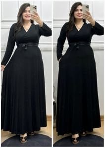 V071-Düz siyah kuşaklı maksiboy elbise