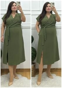 ZS076-Yeşil kuşaklı ayrobin elbise