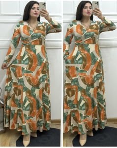 V042-Kavuniçi desen maksiboy elbise
