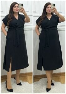 ZS078-Siyah kuşaklı ayrobin elbise