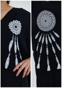 PT043-Siyah üzeri nakış desen oversize gömlek elbise