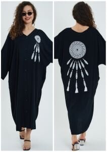 PT043-Siyah üzeri nakış desen oversize gömlek elbise
