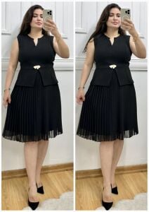 TR184-Büyük Beden Elegance Piliseli Siyah Elbise