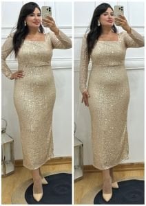 A101-Gold kare yaka pul payetli elbise