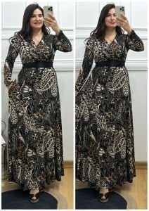 V072-Bej siyah kuşaklı maksiboy elbise