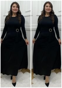V106-Siyah beli tokalı oval yaka basic elbise