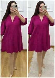 SF042-Fuşya kabartma desenli elbise