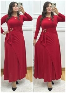V107-Kırmızı beli tokalı oval yaka basic elbise