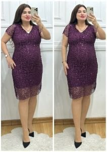 TR072-Mürdüm Payet işlemeli dantel detaylı midiboy elbise