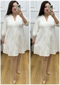 SF043-Krem kabartma desenli elbise