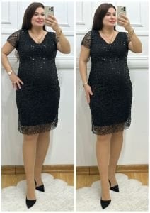 TR064-Siyah Payet işlemeli dantel detaylı elbise