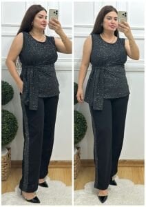 TR105-Siyah sim detaylı tunik şeritli pantolon ikili takım