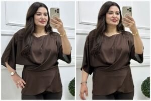 ST011-Büyük beden jakarlı çizgi desen bağlamalı bluz