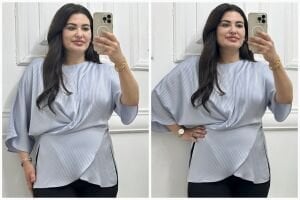 ST011-Büyük beden jakarlı çizgi desen bağlamalı bluz