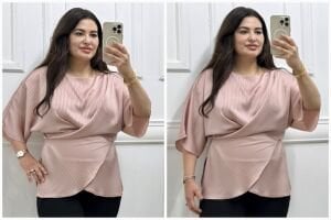 ST011-Büyük beden jakarlı çizgi desen bağlamalı bluz