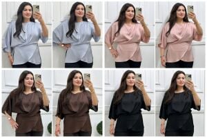 ST011-Büyük beden jakarlı çizgi desen bağlamalı bluz