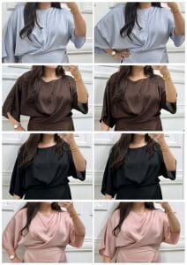 ST011-Büyük beden jakarlı çizgi desen bağlamalı bluz