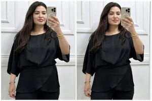 ST011-Büyük beden jakarlı çizgi desen bağlamalı bluz