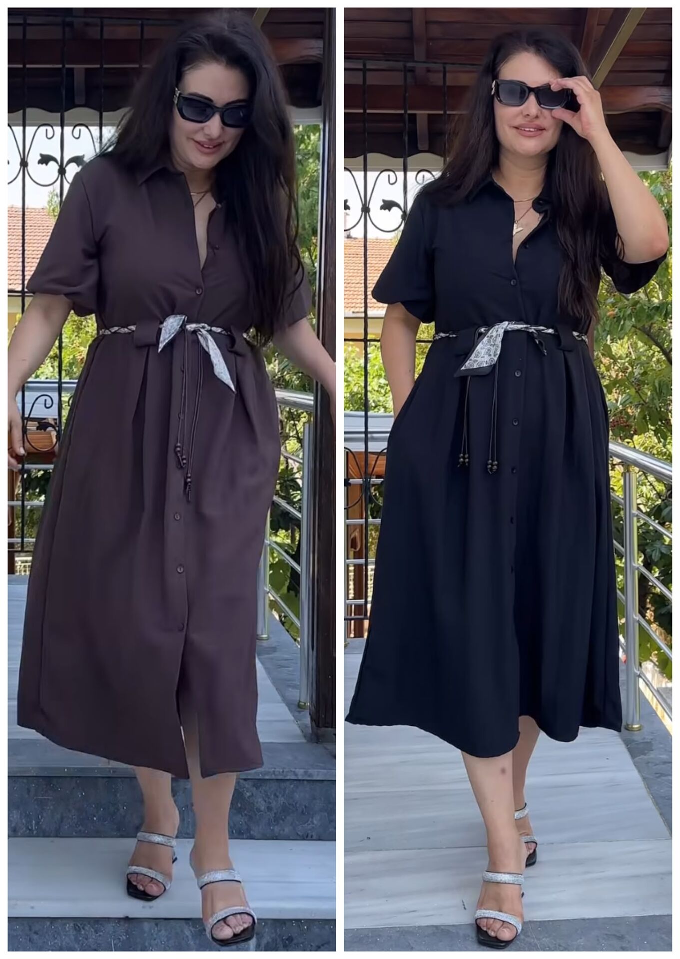 DR024-Mina beli saten kuşaklı cepli gömlek elbise