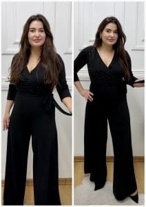 N101-Siyah Kruvaze yaka parlak taş işlemeli tulum