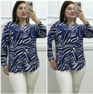 FT046-Mavi beyaz ebruli desen gömlek