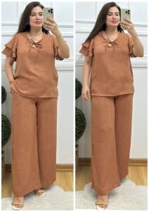 VL103-Tarçın kahve keten tensel kumaş ikili takım