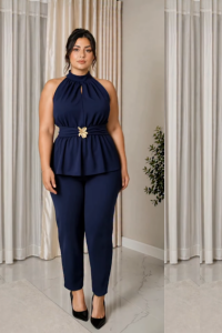 TR192-Luxe Gold Toka Detaylı Halter Yaka abiye pantolonlu takım