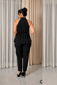 TR192-Luxe Gold Toka Detaylı Halter Yaka abiye pantolonlu takım