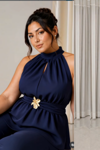 TR192-Luxe Gold Toka Detaylı Halter Yaka abiye pantolonlu takım