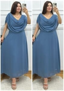 TR109-İndigo mavisi organze şifon kolu drapeli elbise