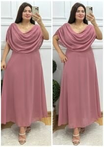 TR110-Pudra pembe organze şifon kolu drapeli elbise