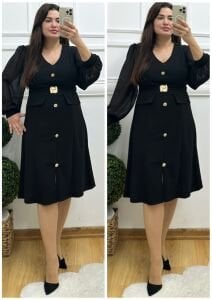 TR151-Siyah gold tokalı organze kol detaylı abiye elbise