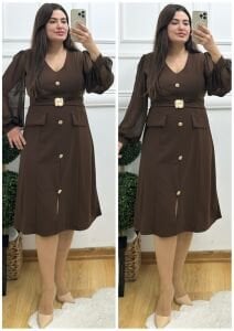 TR152-Kahve gold tokalı organze kol detaylı abiye elbise