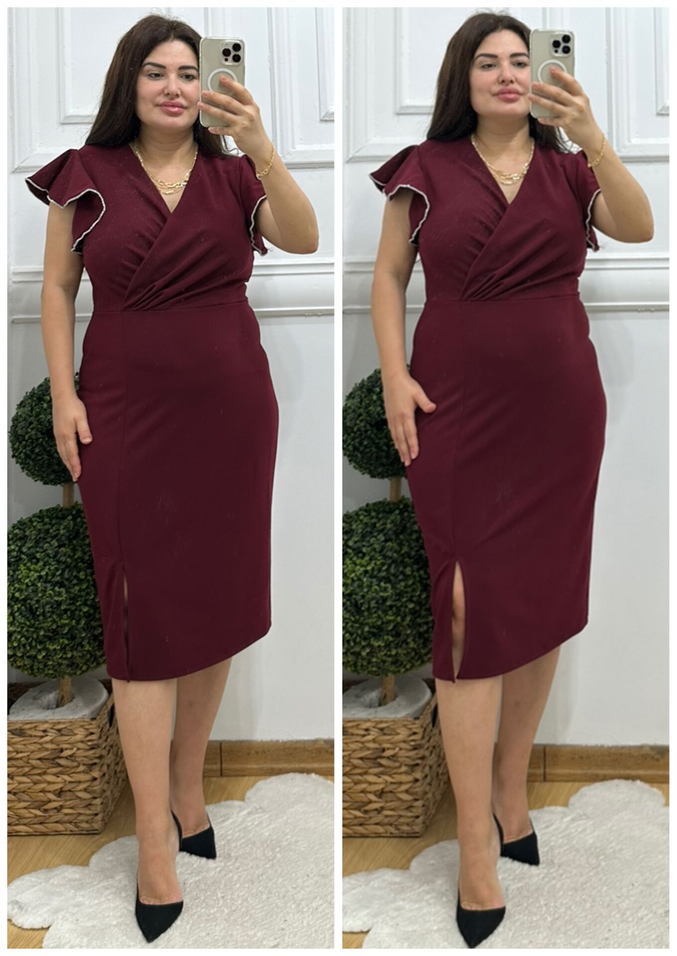 TR114-Bordo kolu sıvama taş detaylı kruvaze abiye elbise