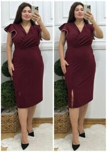 TR114-Bordo kolu sıvama taş detaylı kruvaze abiye elbise